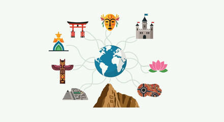 Global cultures and landmarks connected to a central earth, showcasing travel, diversity, and cultural exploration concepts