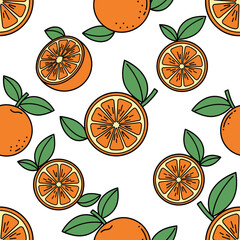 Seamless Hand-Drawn Orange Fruit Pattern with Green Leaves on White Background. Fresh Citrus Illustration.