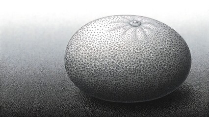 Detailed stippling illustration of a whole citrus fruit, possibly an orange or grapefruit, rendered in black and white with grainy high texture detail, isolated on white background