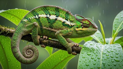 Obraz premium Green chameleon perched on a branch in a lush, rainy environment.