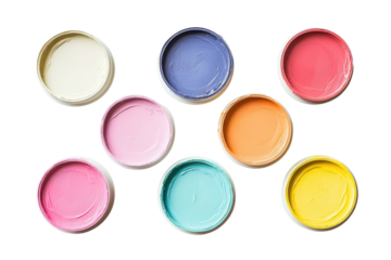 Collection of colorful makeup eyeshadow palettes on transparent background. Colorful round containers of paint cream arranged in a creative layout from the top view isolated on white background.