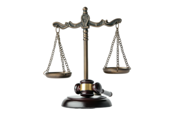 Justice scales and gavel isolated on transparent background. Combined symbolism of justice and healthcare with stethoscope, gavel, and scales isolated on white background.