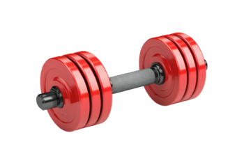 Red adjustable dumbbell with chrome handle isolated on transparent background. Dumbbell in vibrant red color isolated on white background.