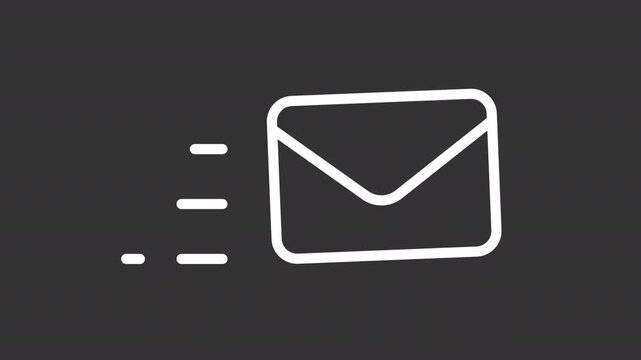 Animated letter flying white line icon. Sending mail service animation. Closed envelope moving fast. Communication channel usage. Isolated element on dark background. Alpha transparent video