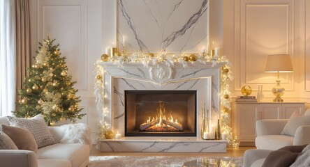 Stunning elegant living room glowing with warm Christmas lights and a roaring fireplace