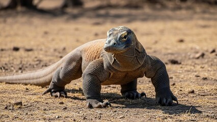 Fototapeta premium Komodo Dragon Walking on Dry Land in Komodo National Park.