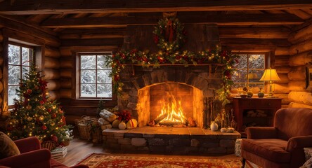 Naklejka premium Cozy log cabin interior glows with roaring fireplace and twinkling Christmas tree lights