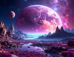 Stunning alien landscape with giant violet planet and nebulae