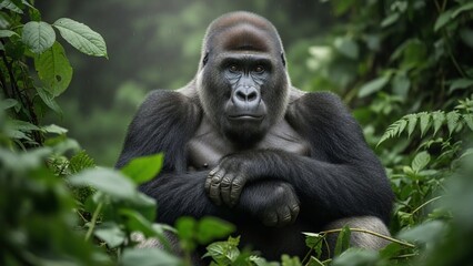 Obraz premium Majestic Silverback Gorilla Poses in Lush Green Jungle Foliage.