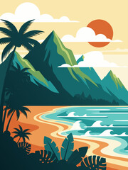Obraz premium Vibrant vector graphic illustration of a stunning tropical beach sunset, showcasing majestic mountains, swaying palm trees, and serene ocean waves