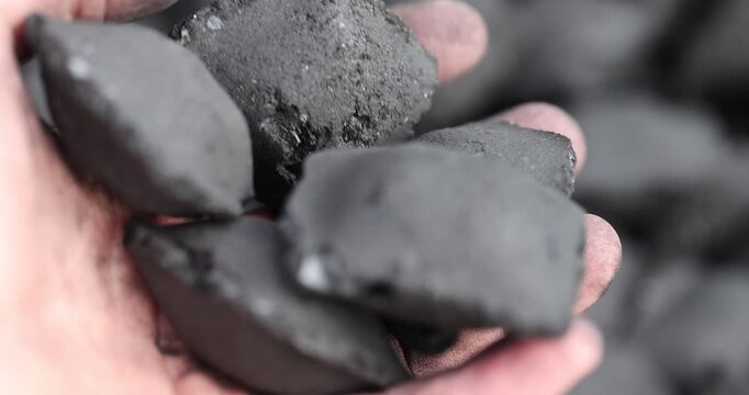 charcoal compressed from crumbs is obtained under pressure and used to light a fire and cook food on the grill, black charcoal in briquettes for grills