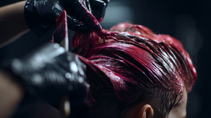 Coloring hair with bright dye in a salon during the day