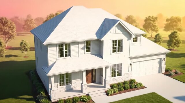 A detailed architectural blueprint transforms into a stunning 3D house model. This modern home design comes to life with vibrant landscaping and sunset.