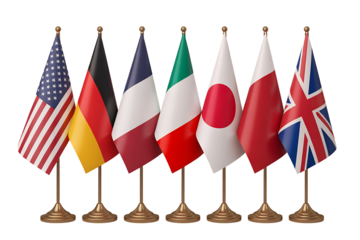 Six national flags, including the united states, germany, france, italy, japan, and the united kingdom, stand on gold poles with a transparent background