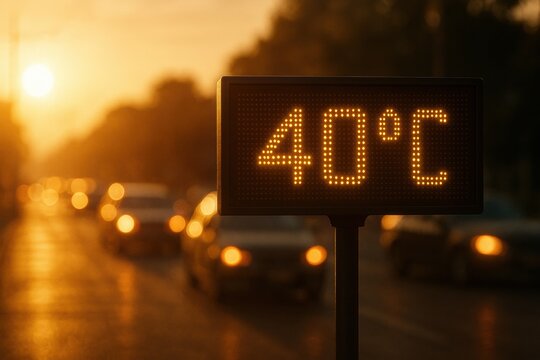 Heat wave infrastructure High temperature display shows 40�C during sunset, capturing warm glow of evening light and traffic