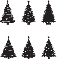 Black Christmas tree silhouette set with star icons. Holiday, winter, and festive vector shapes