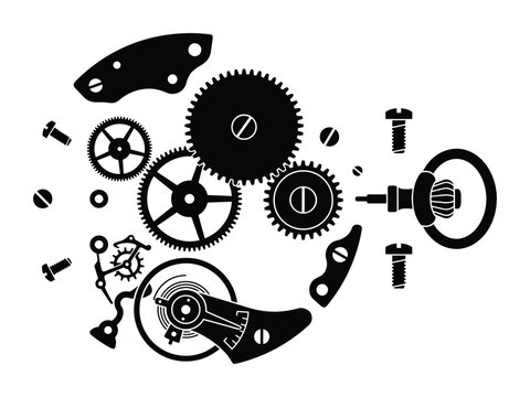 Disassembled watch movement parts. Gears and screws. Balance wheel and spring vector illustration.