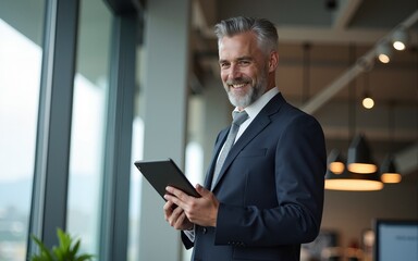 Naklejka premium Happy middle aged business man ceo wearing suit standing in office using digital tablet. Smiling mature businessman professional executive manager looking away thinking working on tech device.