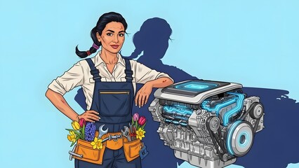 Confident South Asian Female Mechanic with Futuristic Electric Car Engine