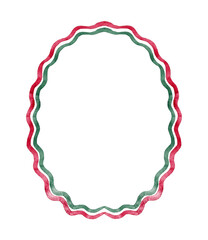 Wavy oval frame in red and green. Watercolor Christmas card.