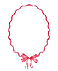Red watercolor ribbon frame with Bow.Hand painted illustration for invitation,wedding stationery and festive cards.
