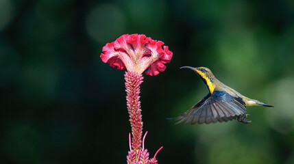 Juvenile purple sunbird male in flight to feed on nectar from flowers. Close up, selective focus.