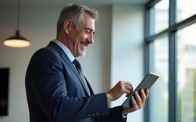 Happy middle aged business man ceo wearing suit standing in office using digital tablet. Smiling mature businessman professional executive manager looking away thinking working on tech device.