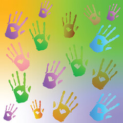 Colorful Kids Handprints with Hearts on Gradient Background, Fun Vector Illustration