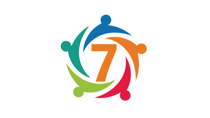 Colorful abstract people forming a circle around the number seven