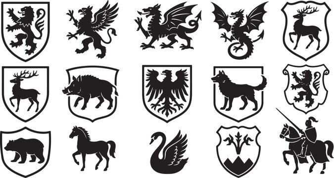 Medieval heraldic animals set, 12 silhouettes, lions, griffins, dragons, knights emblem style, strong black shapes, white background