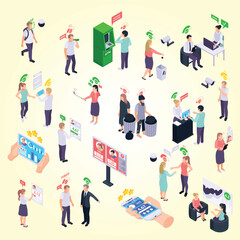 Social credit score system isometric icons set of isolated human characters with symbols and rating pictograms vector illustration