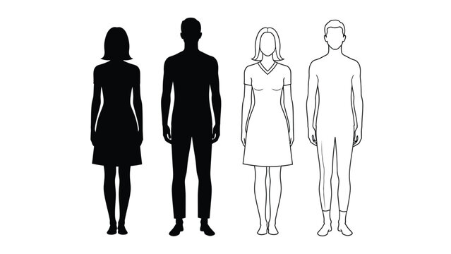 Male and Female Body Figures Silhouette and Outline Vector Set for Sizing and Proportion Comparison
