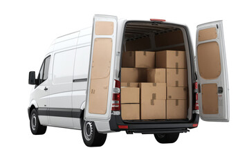 Ready to ship white cargo van packed full of sturdy brown cardboard moving boxes awaits delivery