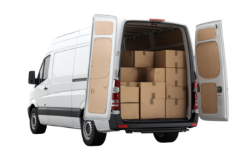 Ready to ship white cargo van packed full of sturdy brown cardboard moving boxes awaits delivery