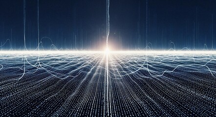 Abstract digital landscape with data streams and glowing horizon  