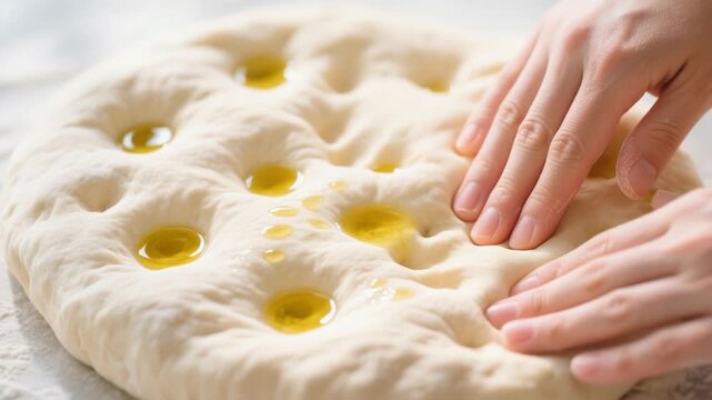 Baking Fresh Focaccia Dough Hands Creating Dimples Filled with Olive Oil, Showcasing Culinary Art and Soft, Inviting Texture in Food Preparation