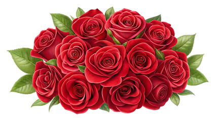 Obraz premium Vibrant bouquet of red roses with green leaves, isolated on transparent background, symbolizing love and romance.