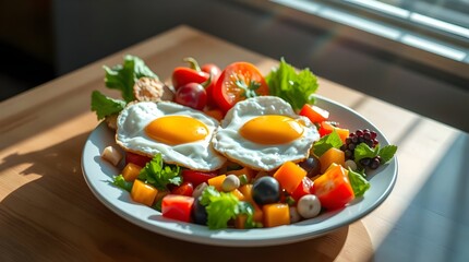 Healthy Mediterranean breakfast with sunny side up eggs, fresh vegetables, chickpeas, olives, and leafy greens served on a white plate in natural light.