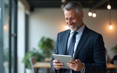 Happy middle aged business man ceo wearing suit standing in office using digital tablet. Smiling mature businessman professional executive manager looking away thinking working on tech device.