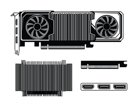 Graphics processing unit GPU. Cooling fans, heatsink, display ports for visual computing.
