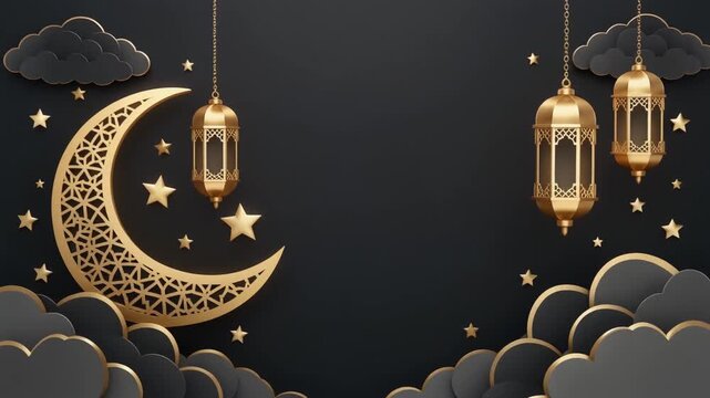 Golden Moonlit Serenity: An elegant display features a radiant crescent moon and stars, embellished with decorative lanterns, floating over a contrasting dark backdrop.