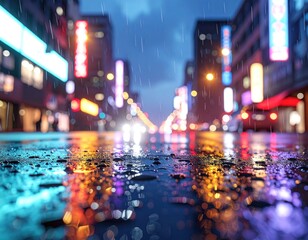 Rainy street, city lights reflecting on wet