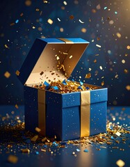 Open blue gift box with gold confetti