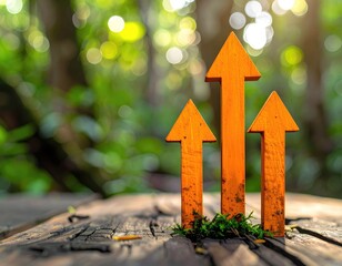 Orange arrows point upward, mossy wood