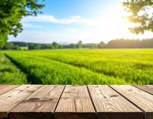Rustic wood table before farm field