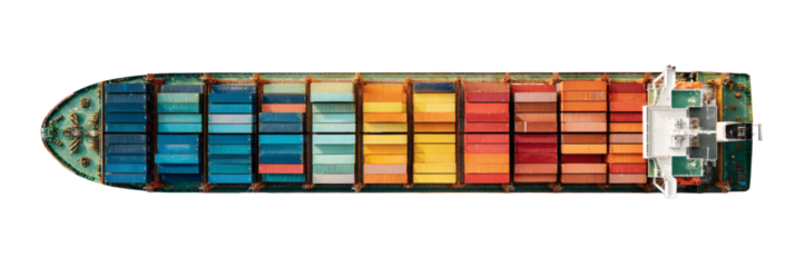 Vibrant overhead view of massive cargo ship loaded with colorful shipping containers against transparant
