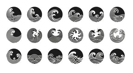 Dynamic collection of striking wave icons capturing the power and beauty of ocean currents in a modern, minimalist style perfect for branding and design © M FAIZAL