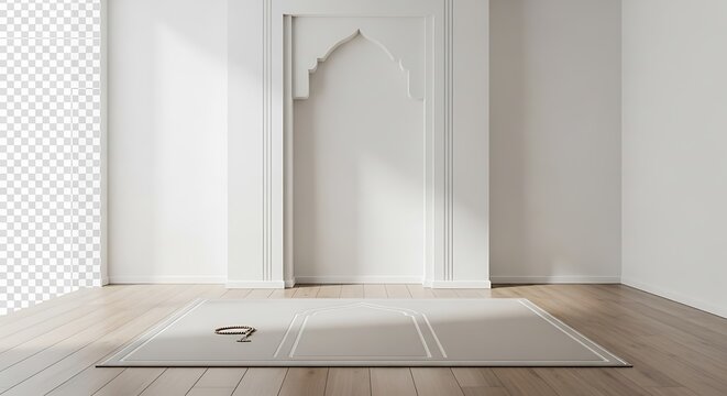 Minimalist Islamic prayer room interior with mihrab arch and prayer rug on wooden floor
