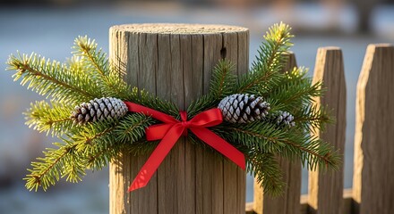 Festive evergreen branches and pinecones adorn a rustic wooden fence post with a bright red bow.