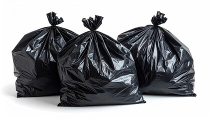 Three black plastic trash bags on white